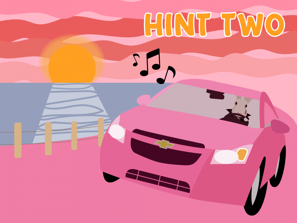 Rabbit driving a pink Chevy. Music notes is coming out of of the corn on the left side. The background is of a sun setting over the ocean.